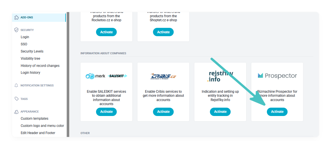 Raynet settings with Add-ons open and the Activate button on the Prospector tile in the Information about Companies section