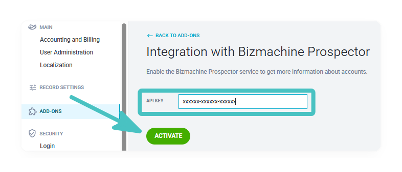 The Integration with Bizmachine Prospector page in Raynet with the API key field and the Activate button