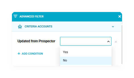 The Advanced filter in the Raynet Account list view with the Updated from Prospector condition and the options Yes and No