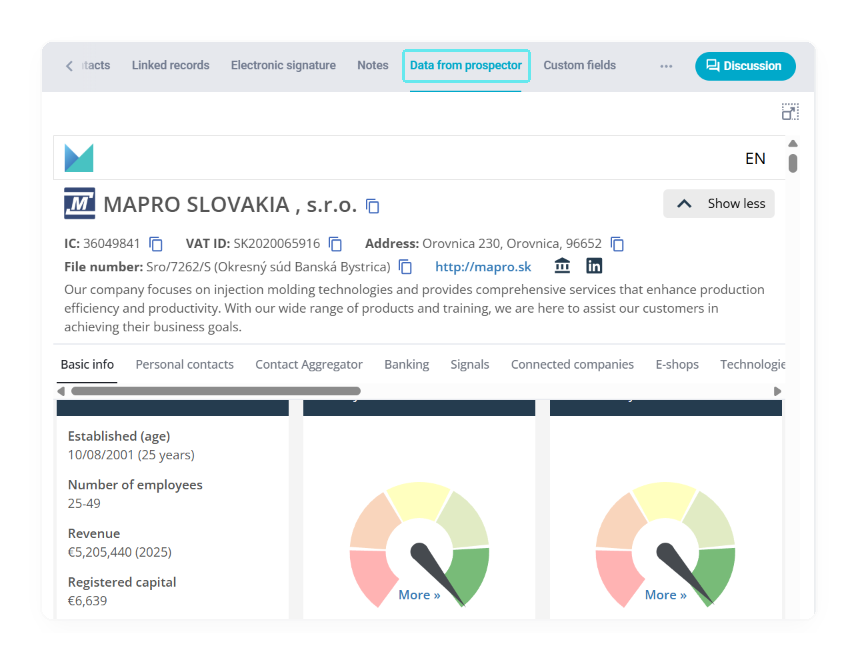 The Data from Prospector tab on a Raynet account card with the full Prospector company profile