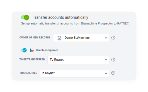 Settings for the automatic transfer of accounts from Prospector in Raynet, with the owner of new records and the two label fields for Czech companies
