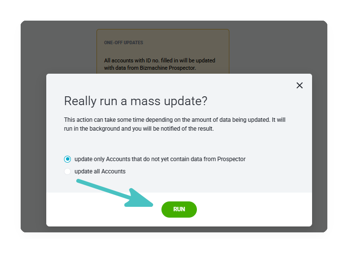 The Raynet dialog Really run a mass update? with the two update options and the Run button