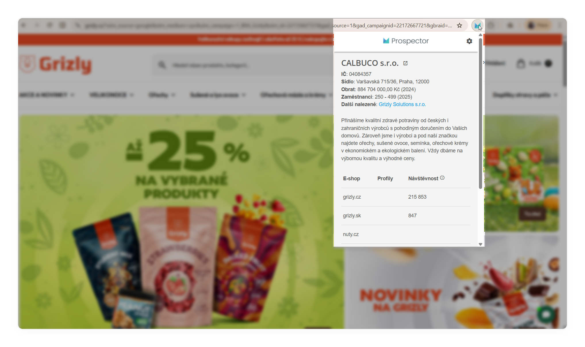 Prospector GO in the browser while visiting a company's website
