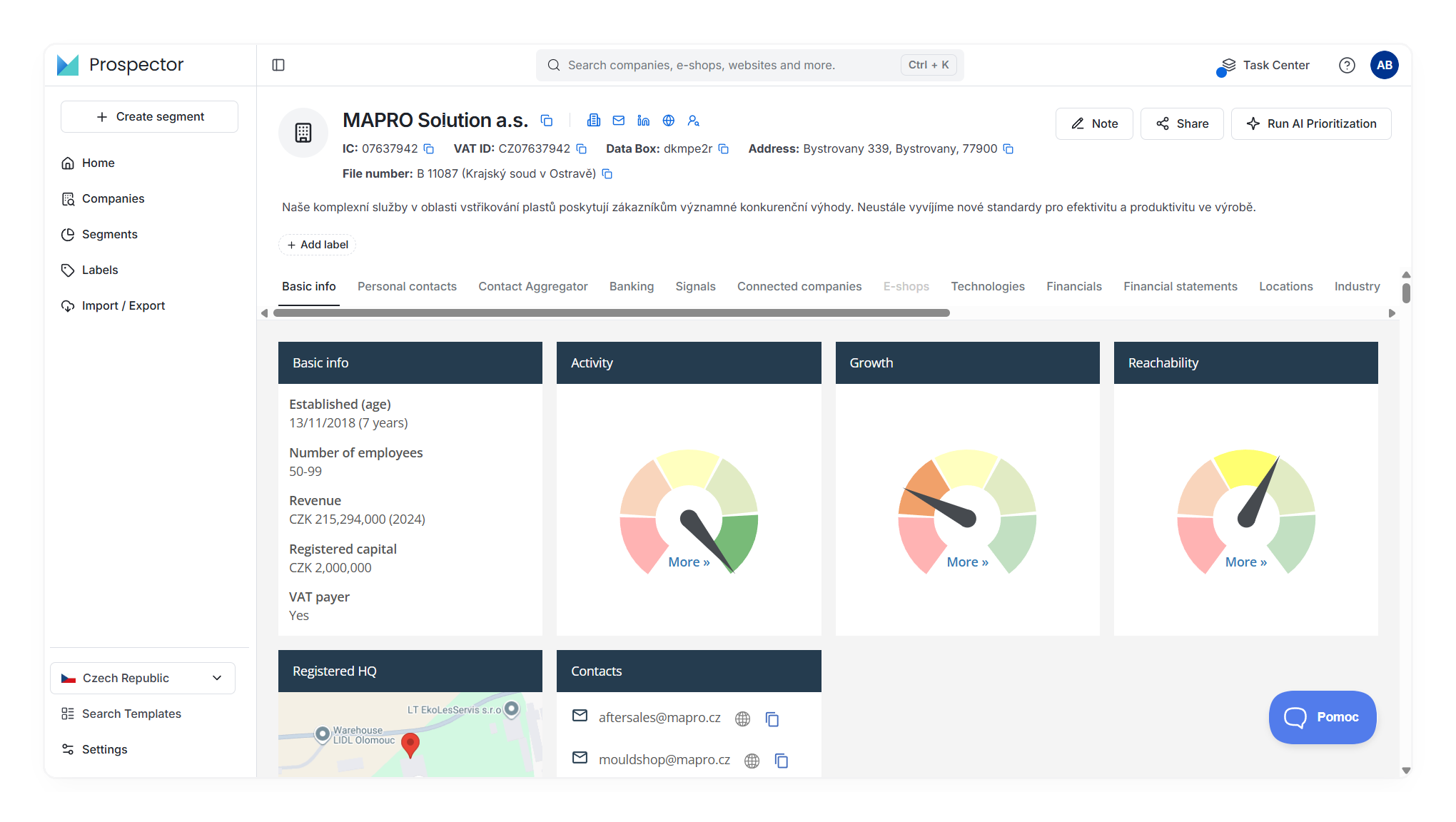 Company profile with tabs in Prospector