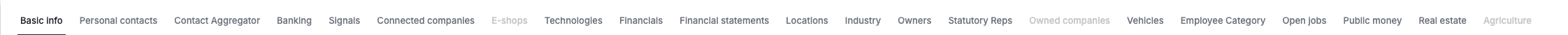The full tab strip on a company profile, with unavailable tabs dimmed